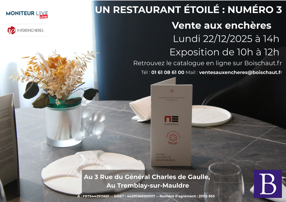 Vente aux enchères au Numéro 3 le lundi 22 décembre 2025